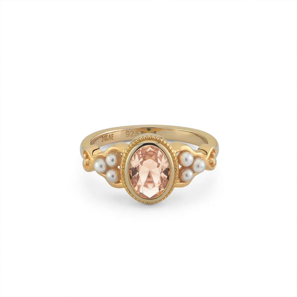 Anello donna 24Kae pietra rosa e perle